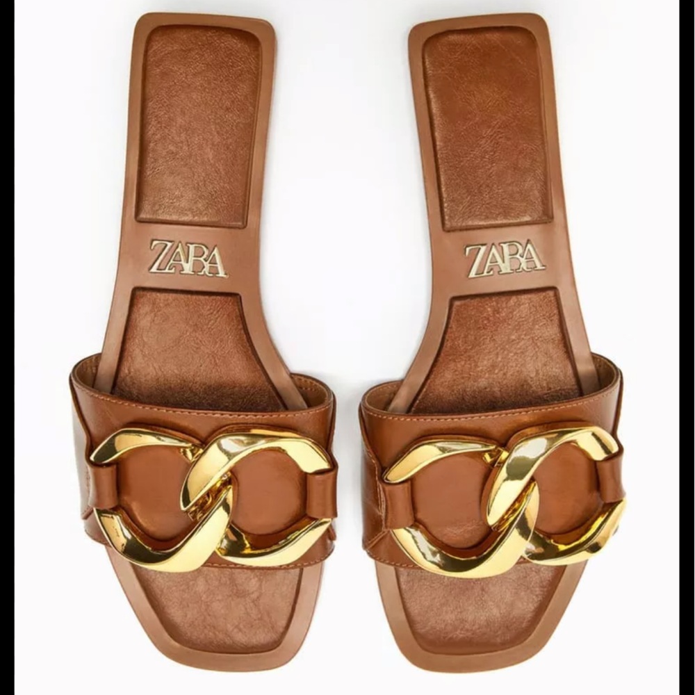 ZARA Brown Slides with Gold Chain Detail 40